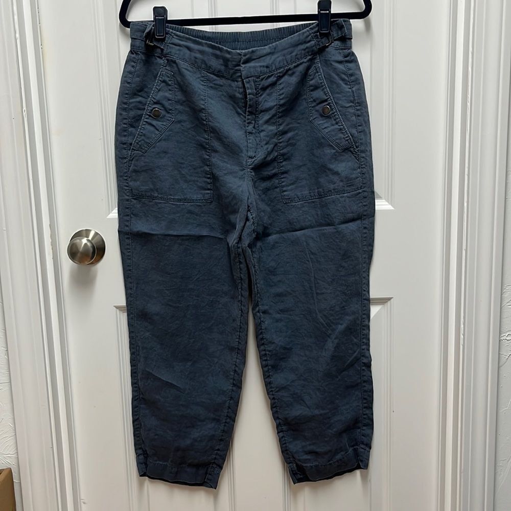 Athleta Easy Breezy Slate Blue Linen Flat Front Pant -‎ 10 Petite